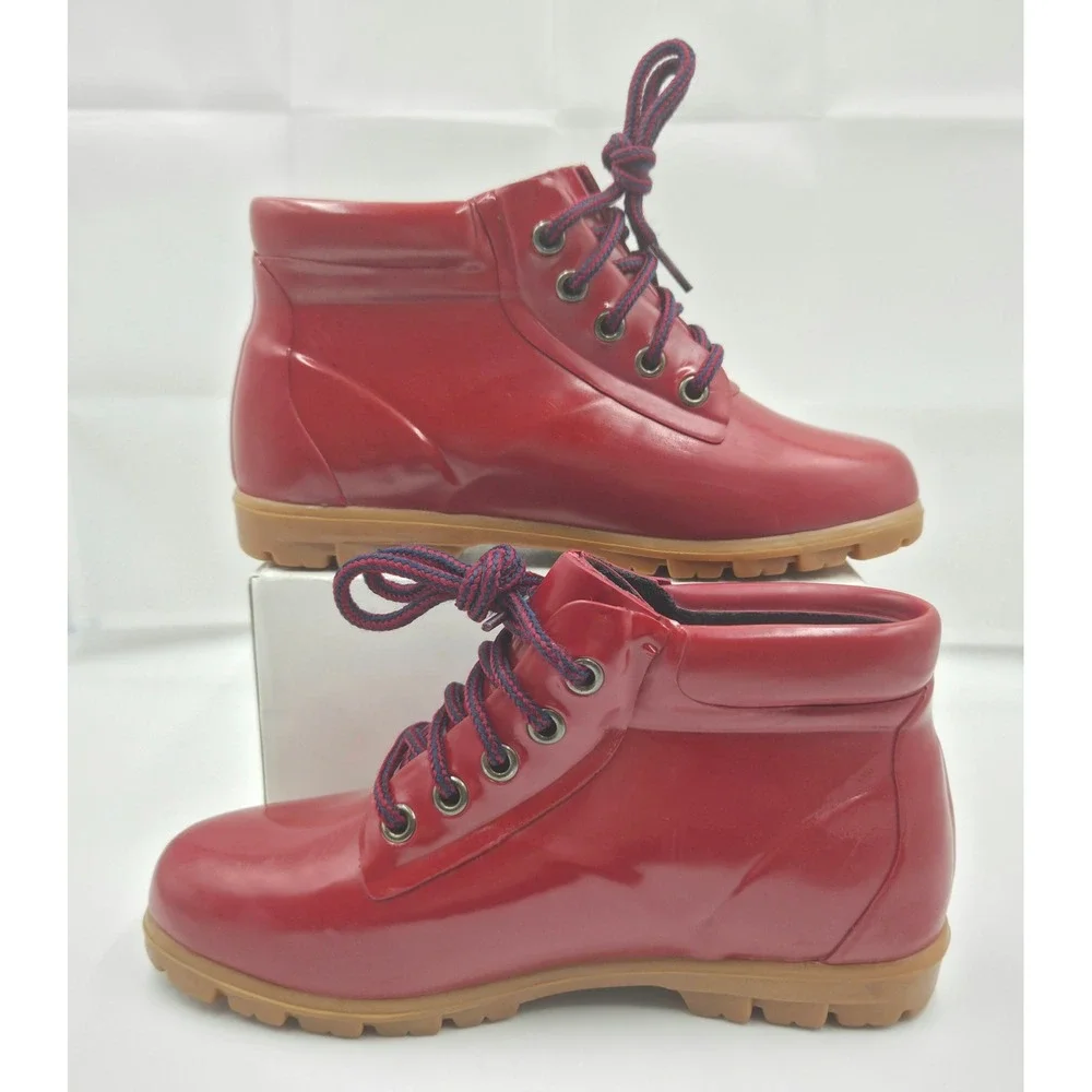 Vintage 90s Lands End Red Rubber Rain Boots Women 6 Lace Up Ankle Gum Sole 39422
